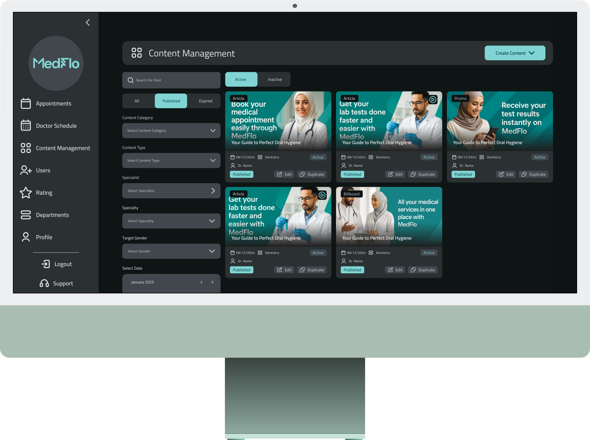 MedFlo content management and promotions preview on desktop and mobile devices