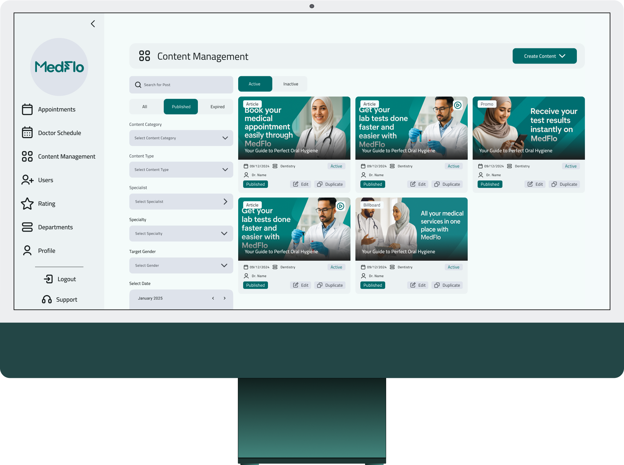 MedFlo content management and promotions preview on desktop and mobile devices