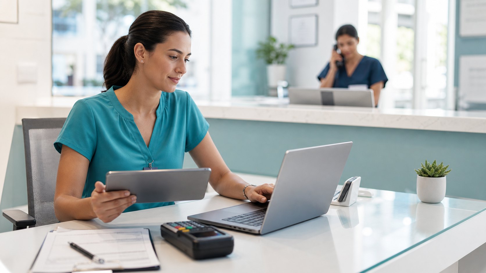Clinic administrator coordinating tablet, laptop, and payment workflows at a reception desk