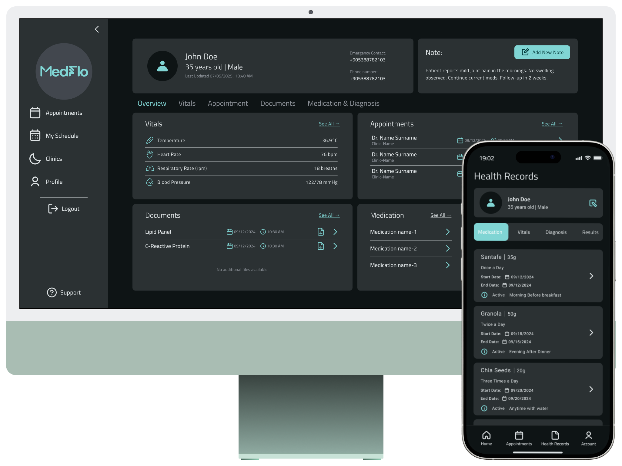 MedFlo patient and clinical management preview on desktop and mobile devices