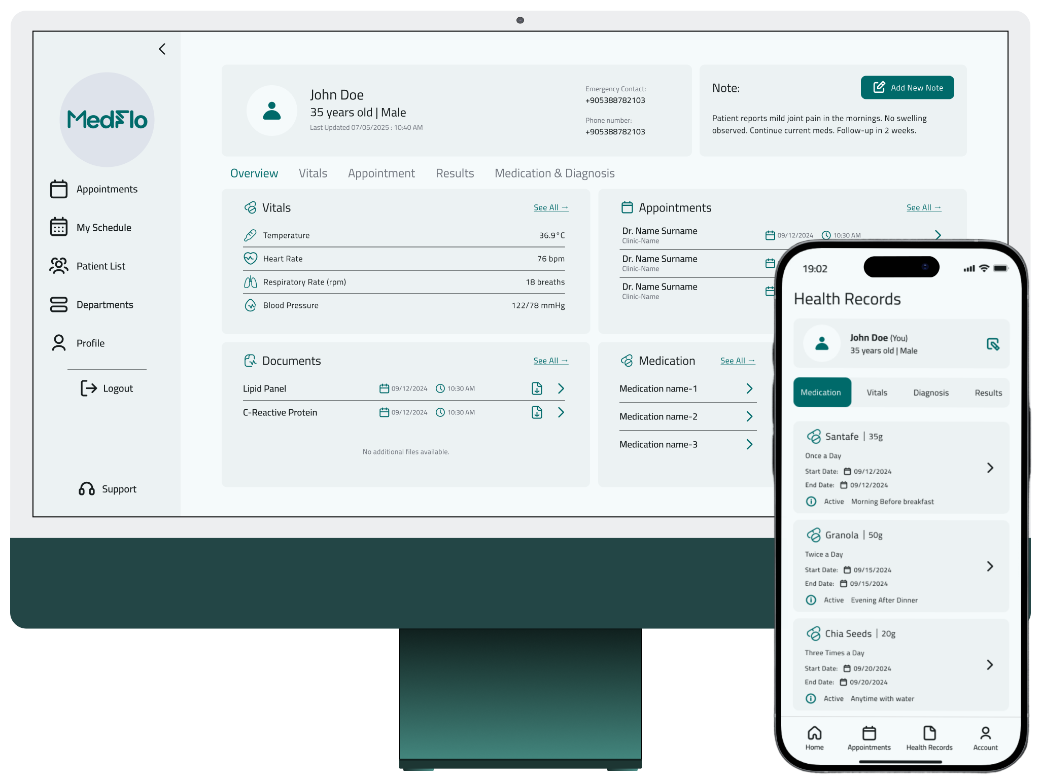 MedFlo patient and clinical management preview on desktop and mobile devices