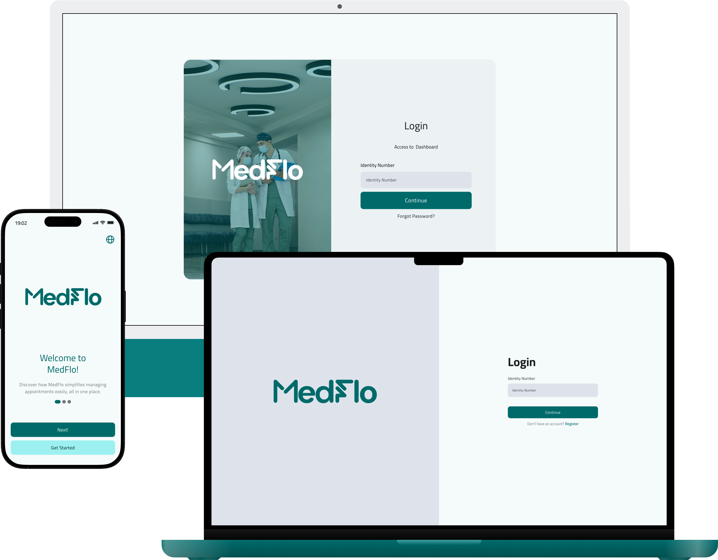 MedFlo dashboard, web, and mobile product preview
